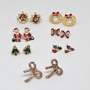 Lot of 7  Sets Gold Tone Costume Christmas Post Stud Earrings Variety of Themes